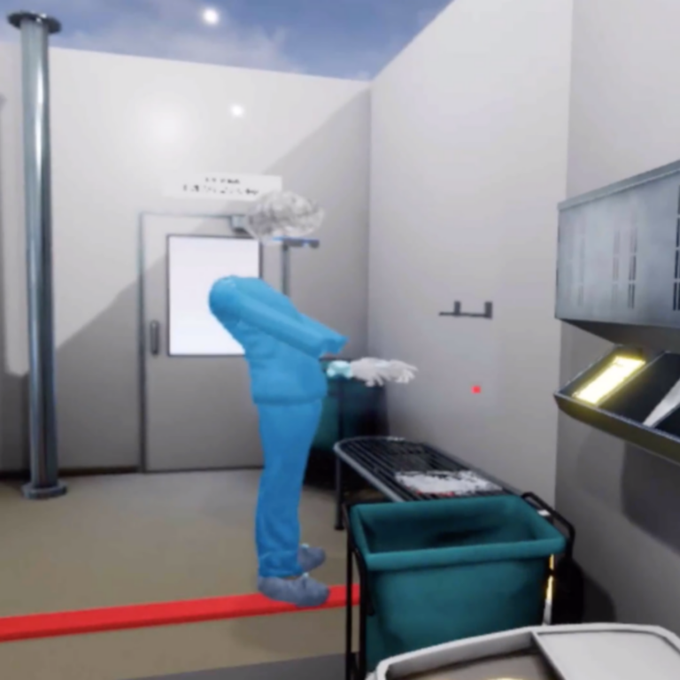 Virtual Reality experience with person practicing proper aseptic gowning and safety techniques