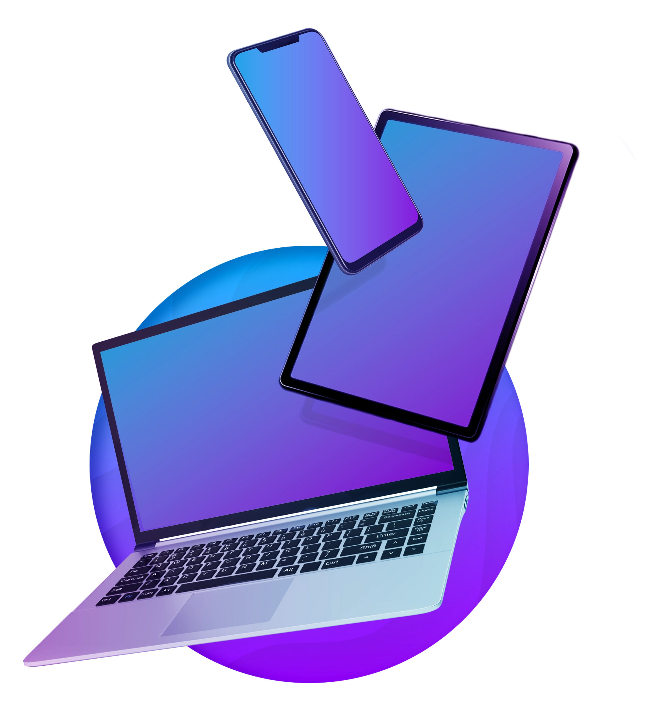Laptop, tablet, cell phone coming out of a gradient background