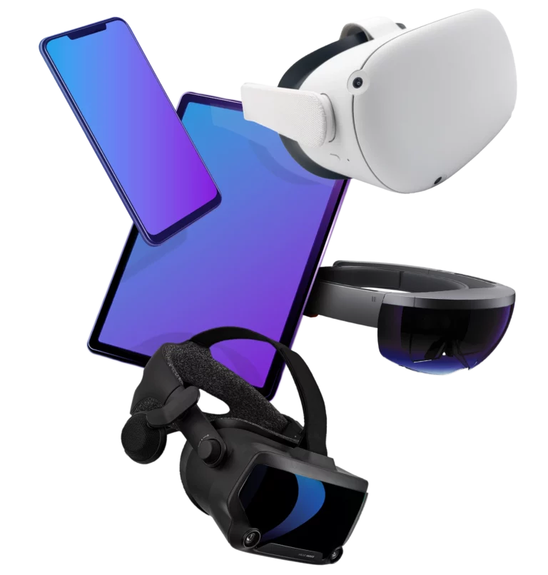 Cell phone, tablet, variety of VR headsets overlapping each other