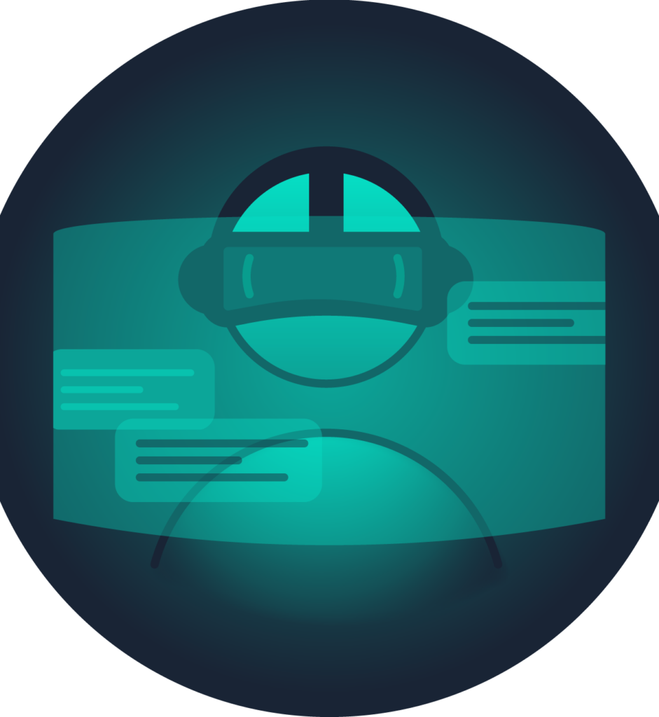 Generic icon of a person wearing a VR headset looking at an artificial screen display hovering in front of their face