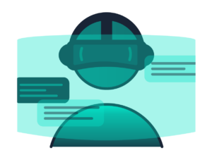 Generic icon of a person wearing a VR headset looking at an artificial screen display hovering in front of their face