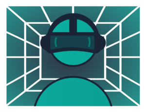 graphic of generic human icon wearing a Virtual Reality Headset being immersed in a digital background