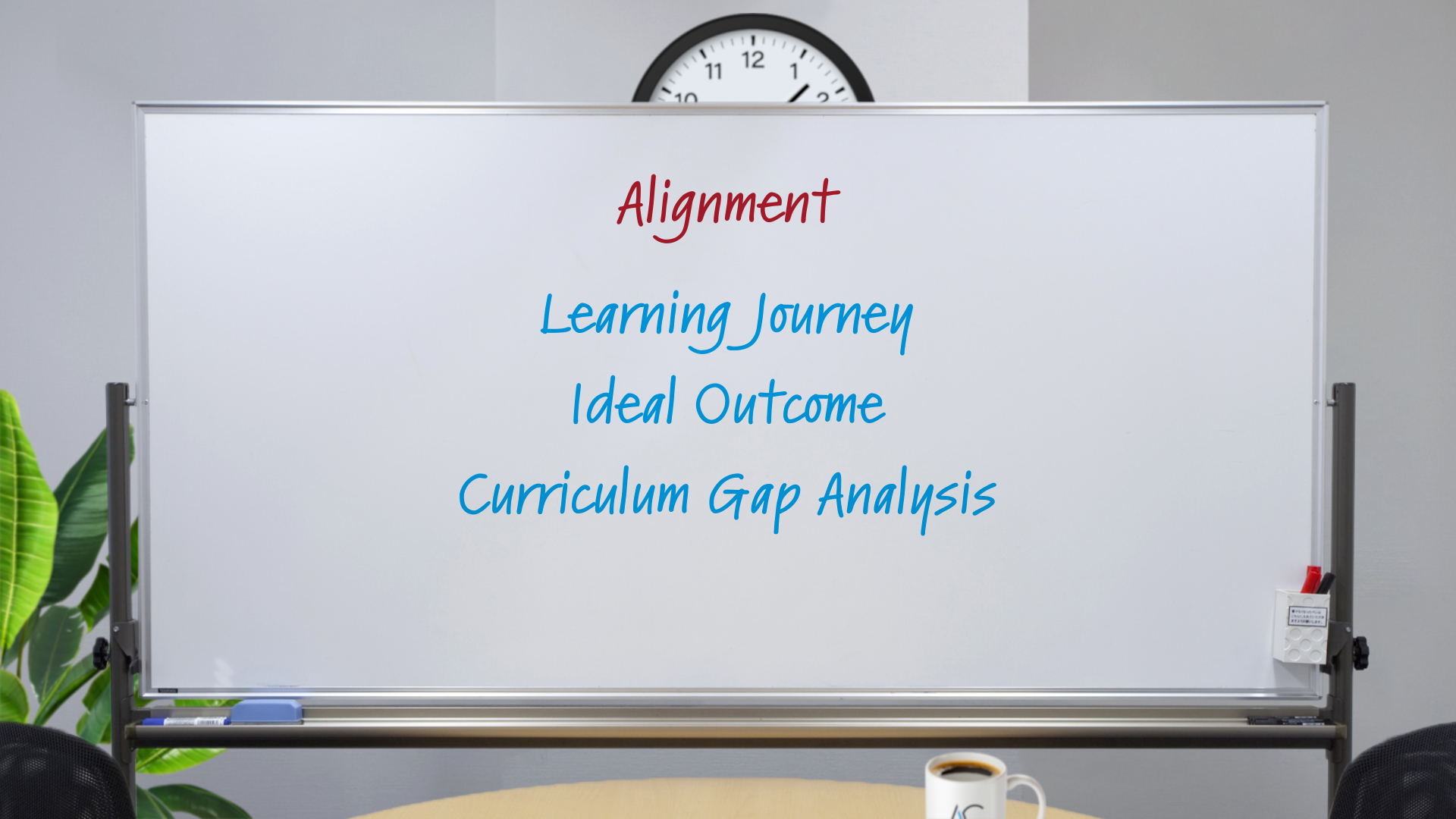 Whiteboard, in an office setting with a clock, conference table, steaming coffee mug, and plants, with the word "Alignment" written on it in red marker and "Learning Journey", "Ideal Outcome", "Curriculum Gap Analysis" in blue