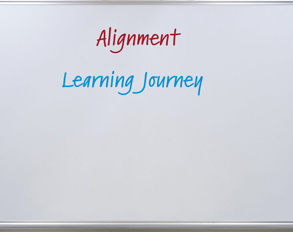Whiteboard, in an office setting with a clock, conference table, steaming coffee mug, and plants, with the word "Alignment" written on it in red marker and "Learning Journey" in blue