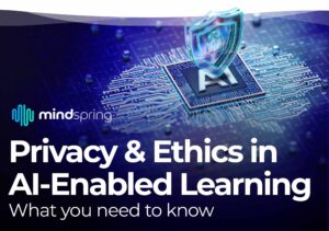 A 3D rendering of a blue-purple colored circuit board, with a circuit brain under an AI chip, and a shield with a lock hovering above it, and the title of the article overlaid, to conceptually represent the idea of "Privacy and Ethics in AI-Enabled Learning"