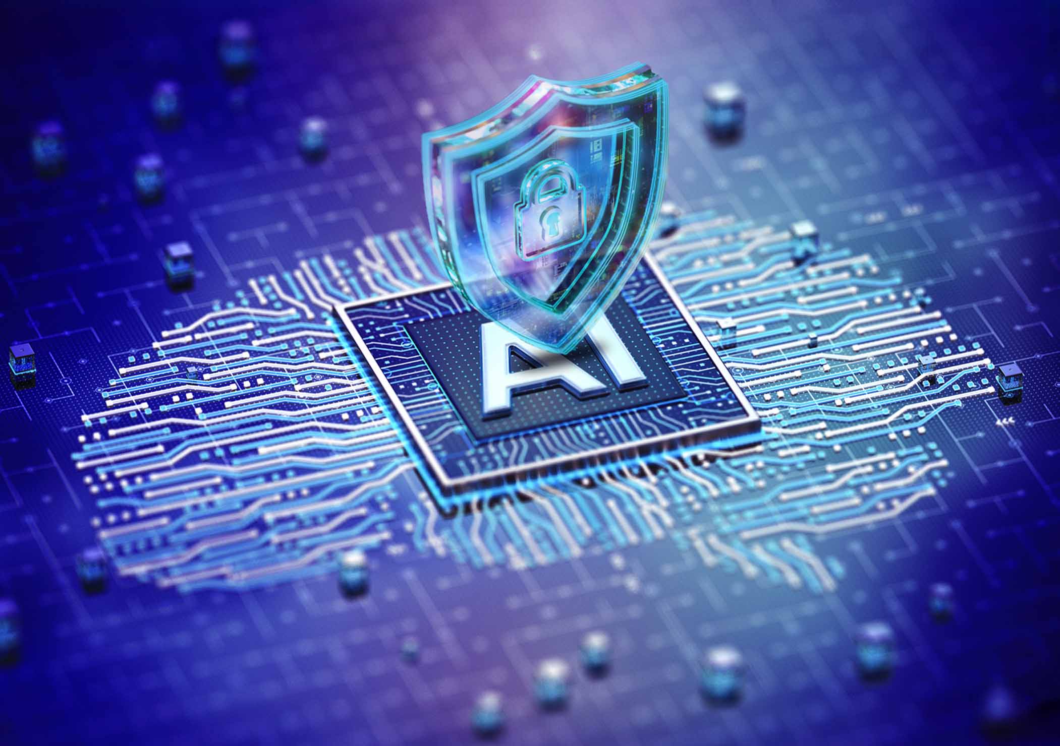 A 3D rendering of a blue-purple colored circuit board, with a circuit brain under an AI chip, and a shield with a lock hovering above it, to conceptually represent the idea of "Privacy and Ethics in AI-Enabled Learning"