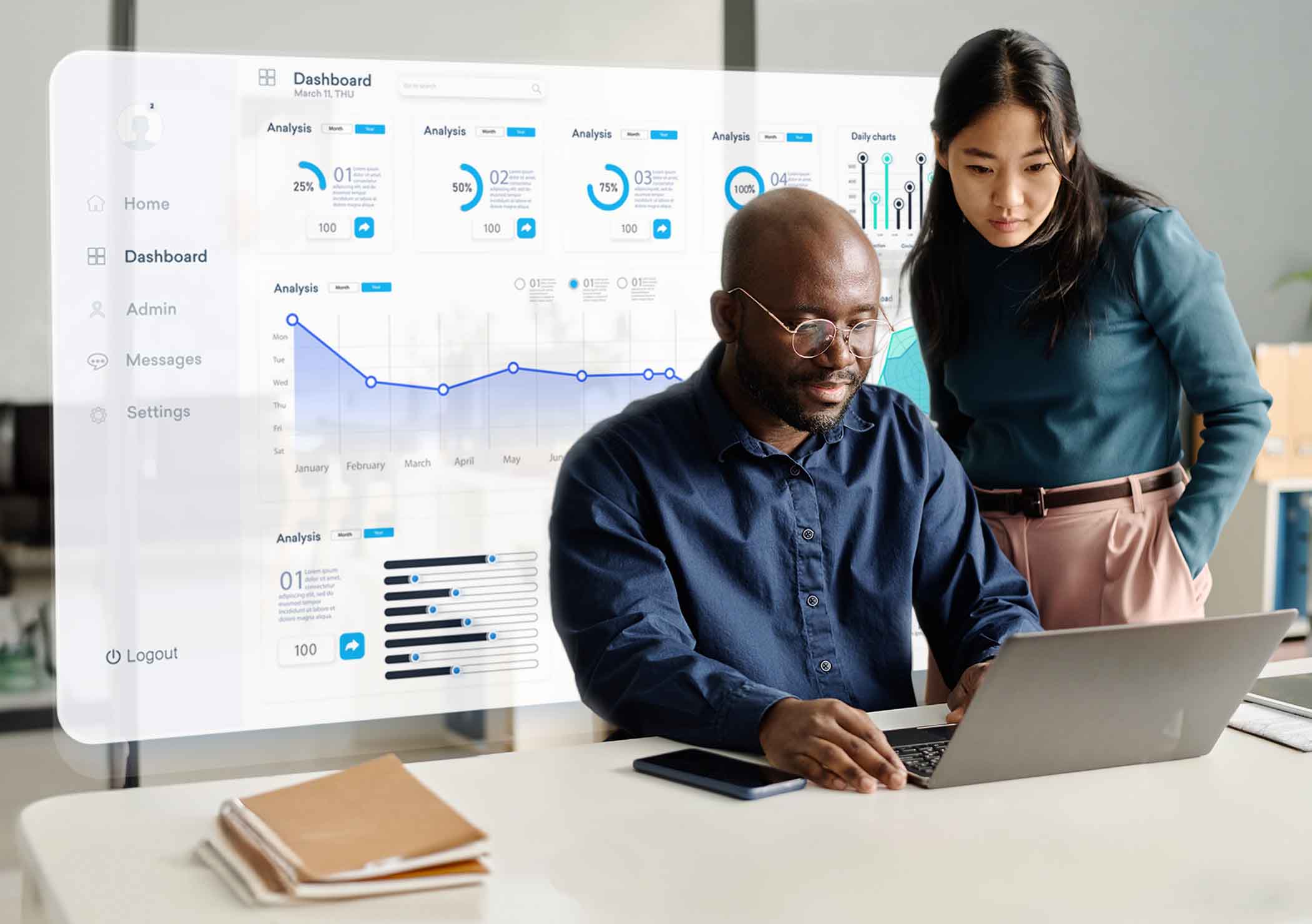 A young asian female standing behind a middle aged African American male who's at his desk looking at a laptop with a holographic metrics dashboard in the background reviewing learning analytics, with the title of the article overlayed on top