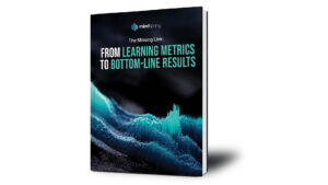 Mindspring report mockup presented as a 3D book cover, titled 'The Missing Link: From Learning Metrics to Bottom-Line Results' with abstract teal crystal imagery suggesting data transformation, shown with realistic depth and shadowing"