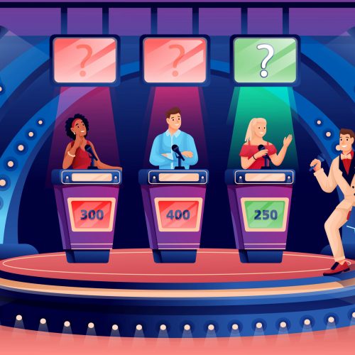 Erudite television show flat illustration. TV studio interior vector illustration. Program presenter and participants cartoon characters. Panel game, quiz studio. Media project announcing